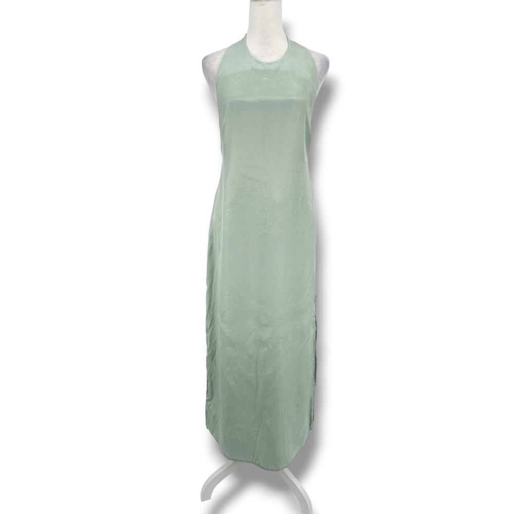 H&M Sage Green Halter Maxi Dress S Open Back Side Slit Lyocell Clean Girl Resort